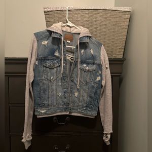 AE American Eagle destroyed jean jacket hoodie ripped distressed sweatshirt XXS